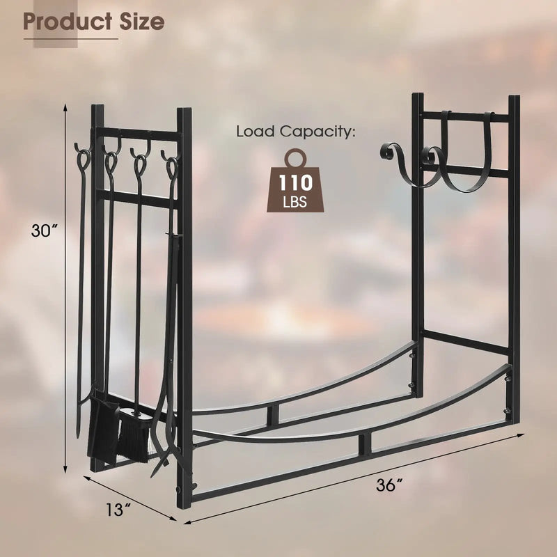 36 Inch Fireplace Log Holder with Tools and Kindling Holders by DirectDeals