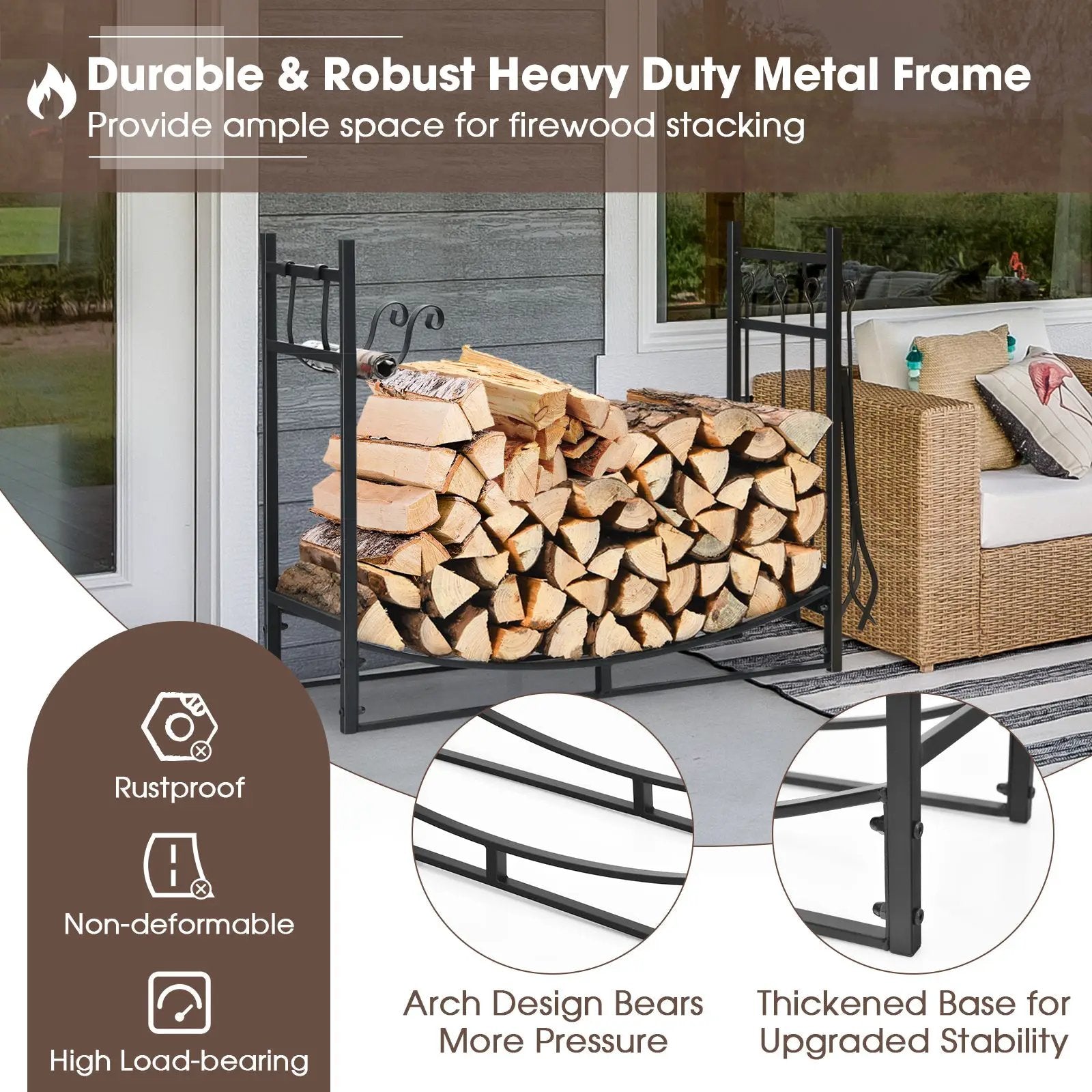 36 Inch Fireplace Log Holder with Tools and Kindling Holders by DirectDeals
