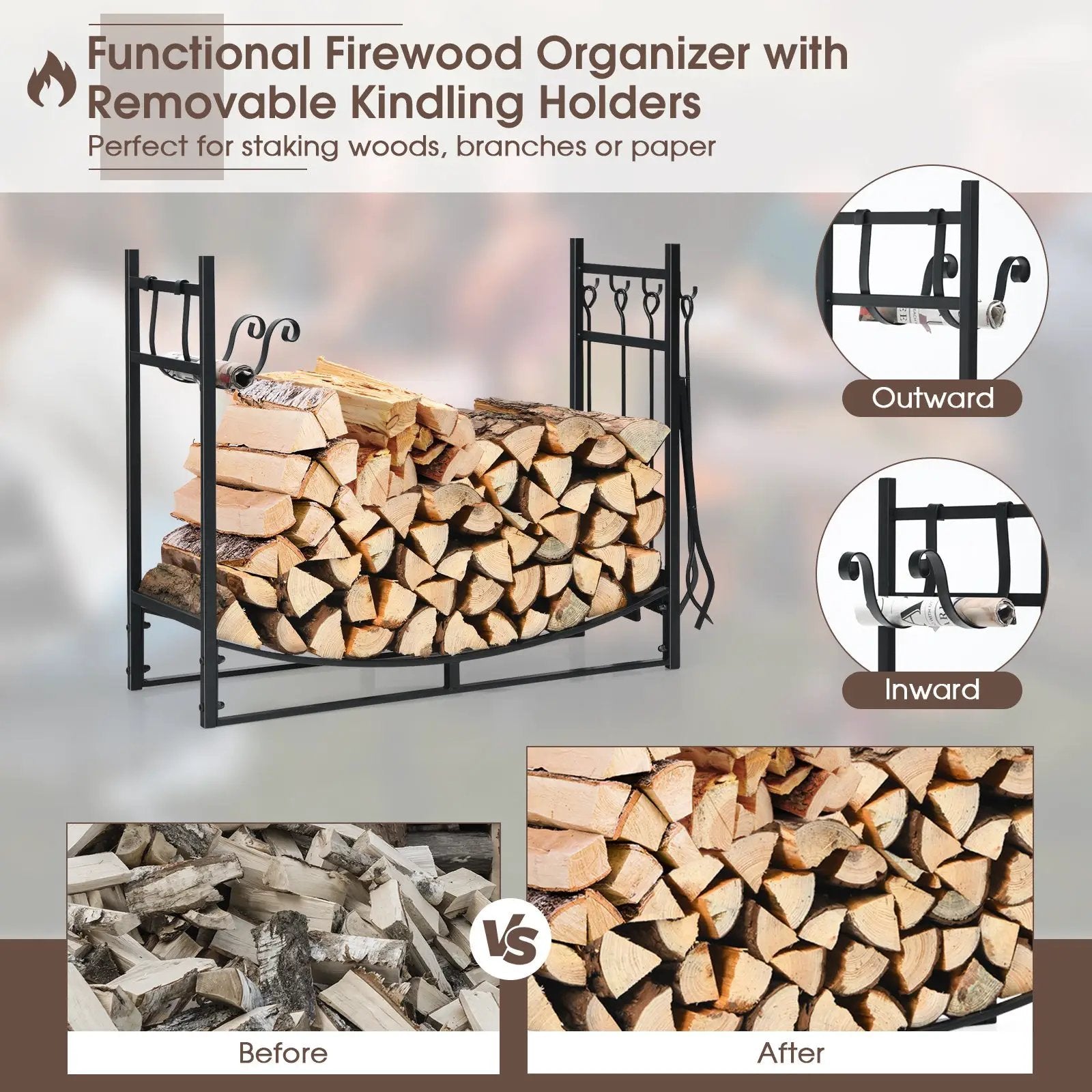 36 Inch Fireplace Log Holder with Tools and Kindling Holders by DirectDeals