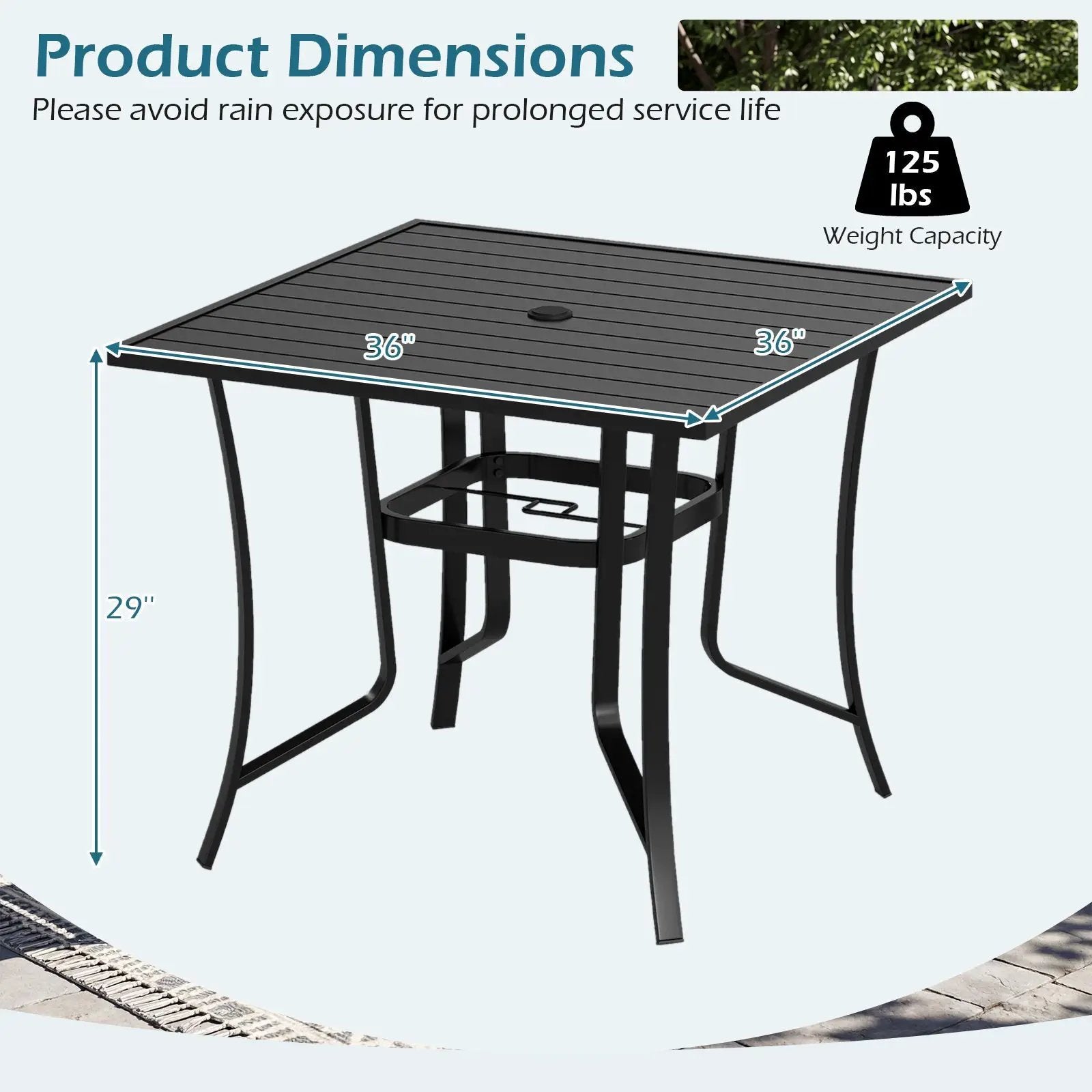 36 Inch Square Patio Table for 4 Metal Dining Table with Umbrella Hole-Black by DirectDeals