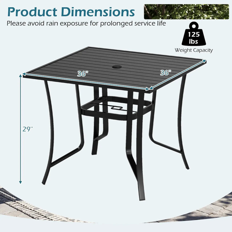 36 Inch Square Patio Table for 4 Metal Dining Table with Umbrella Hole-Black by DirectDeals