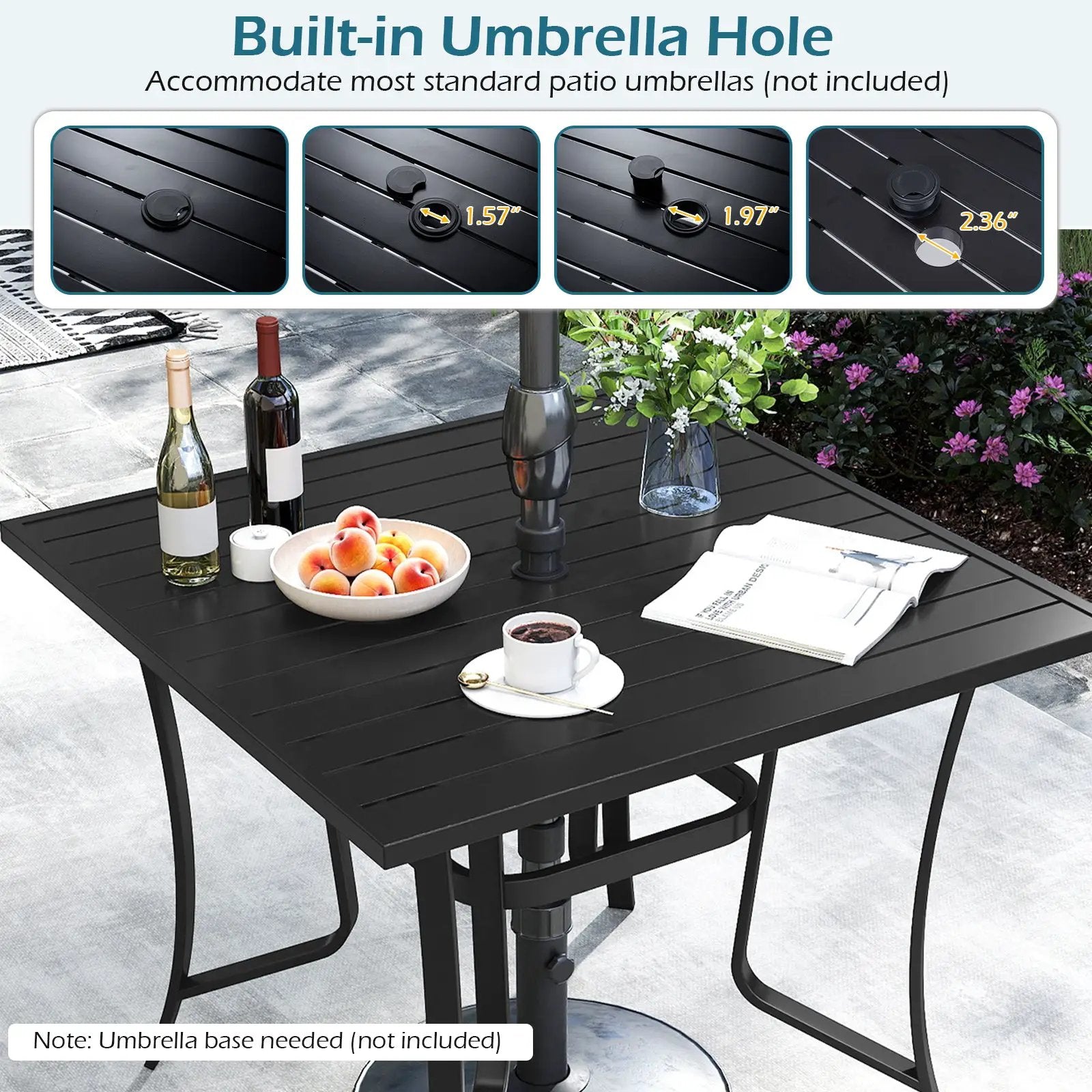 36 Inch Square Patio Table for 4 Metal Dining Table with Umbrella Hole-Black by DirectDeals