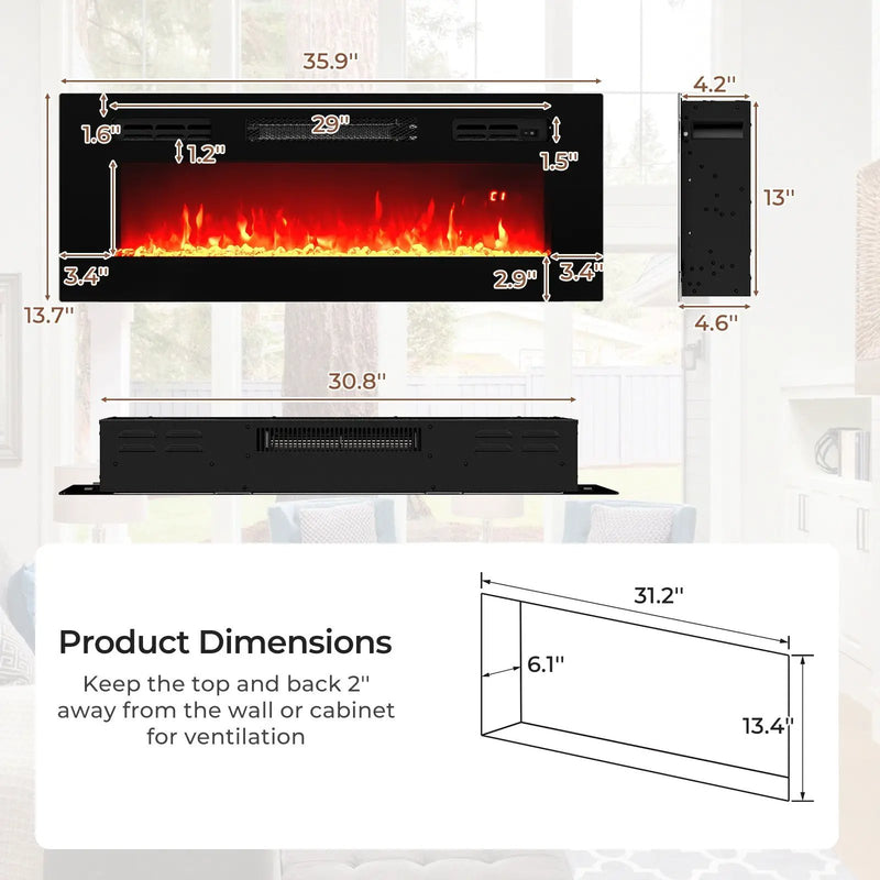 36 Inches Electric Fireplace Heater Recessed with LED Strip Lights and Remote Control by DirectDeals