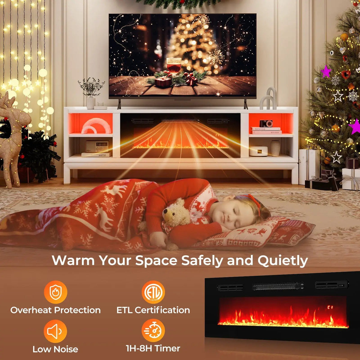 36 Inches Electric Fireplace Heater Recessed with LED Strip Lights and Remote Control by DirectDeals