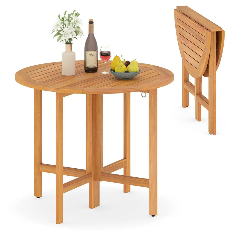 36 Inches Outdoor Folding Round Dining Table with Slatted Tabletop by DirectDeals