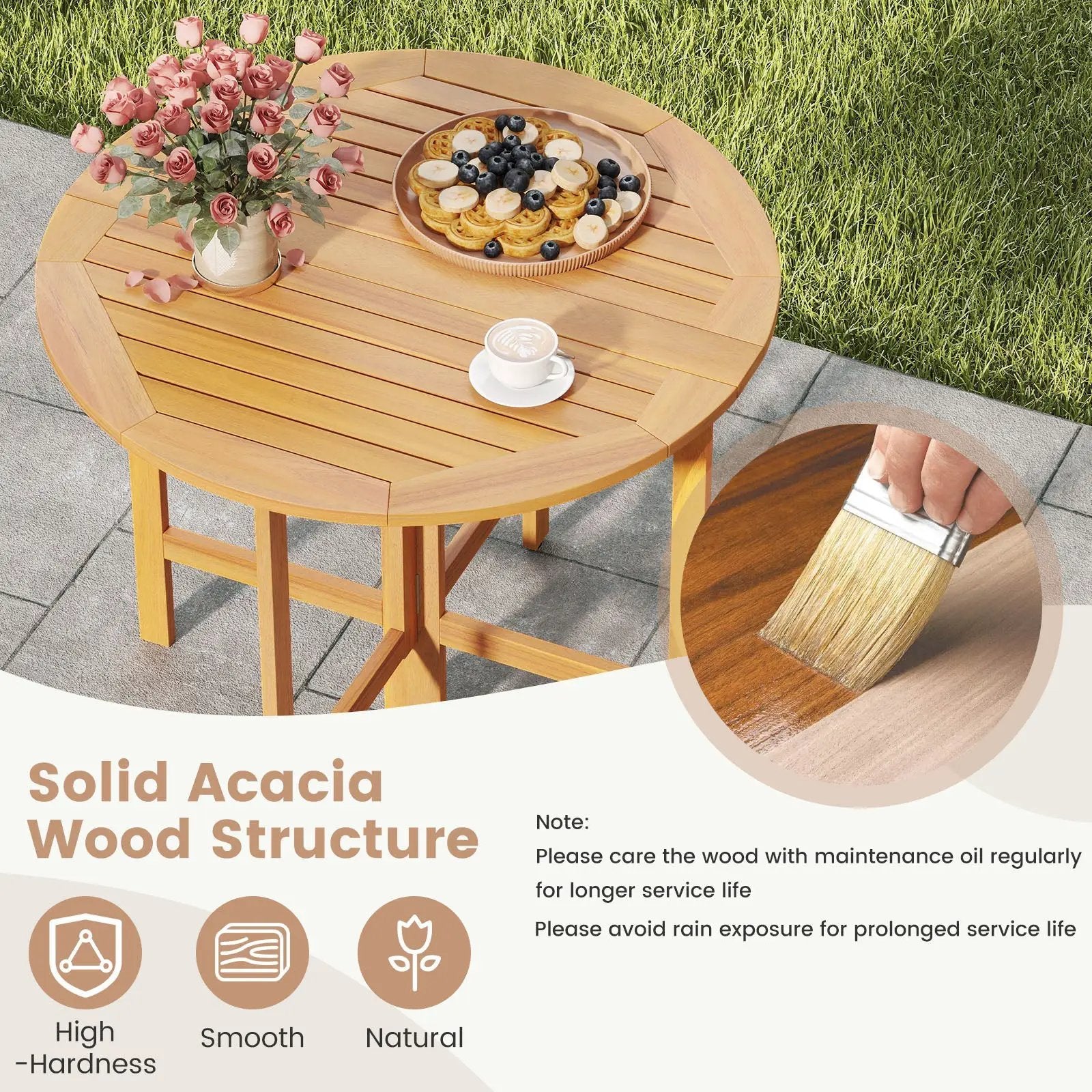 36 Inches Outdoor Folding Round Dining Table with Slatted Tabletop by DirectDeals