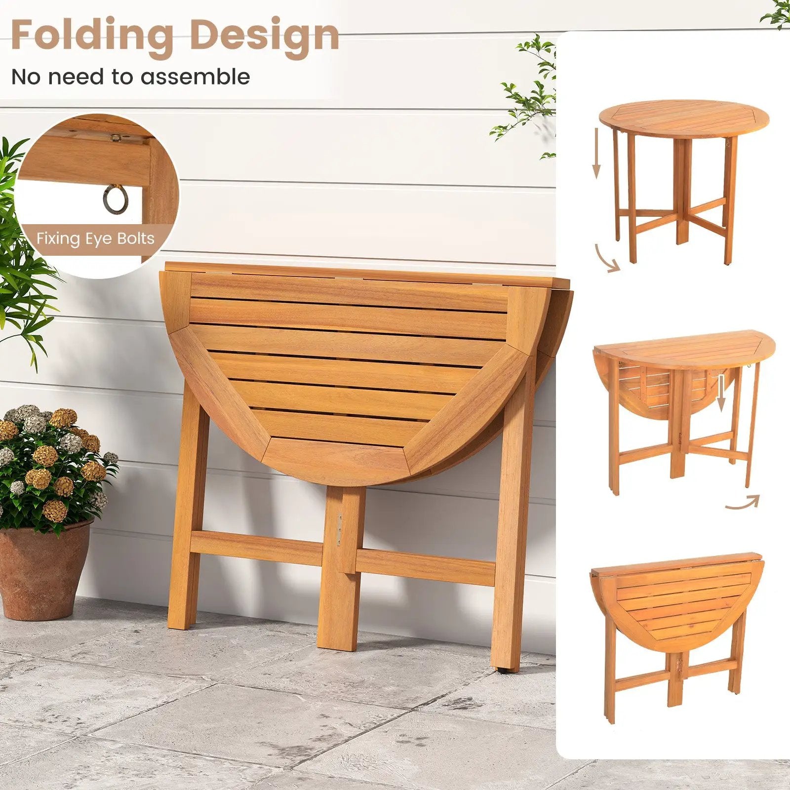 36 Inches Outdoor Folding Round Dining Table with Slatted Tabletop by DirectDeals