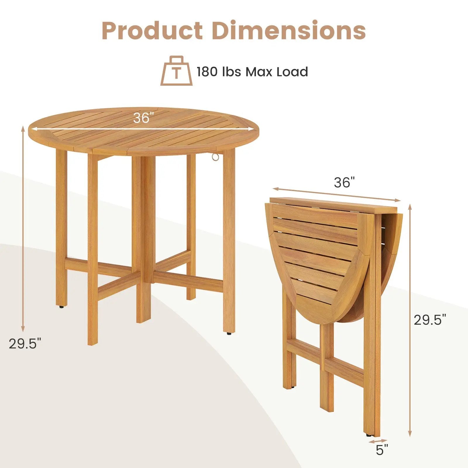 36 Inches Outdoor Folding Round Dining Table with Slatted Tabletop by DirectDeals