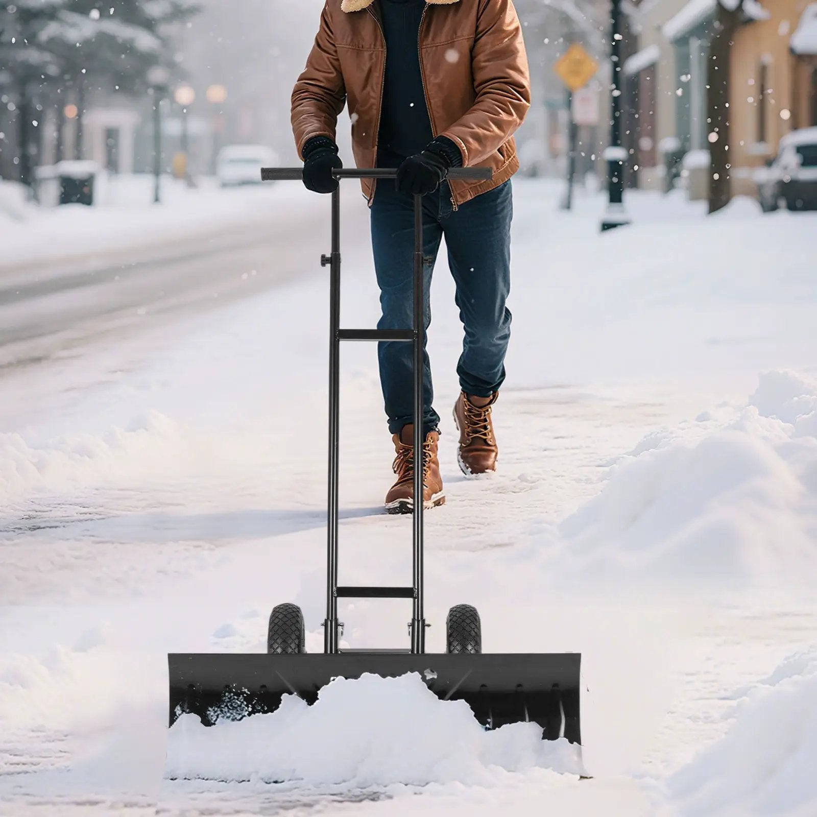36 Inches Snow Shovel with Wheels and Adjustable Angle-Black by DirectDeals