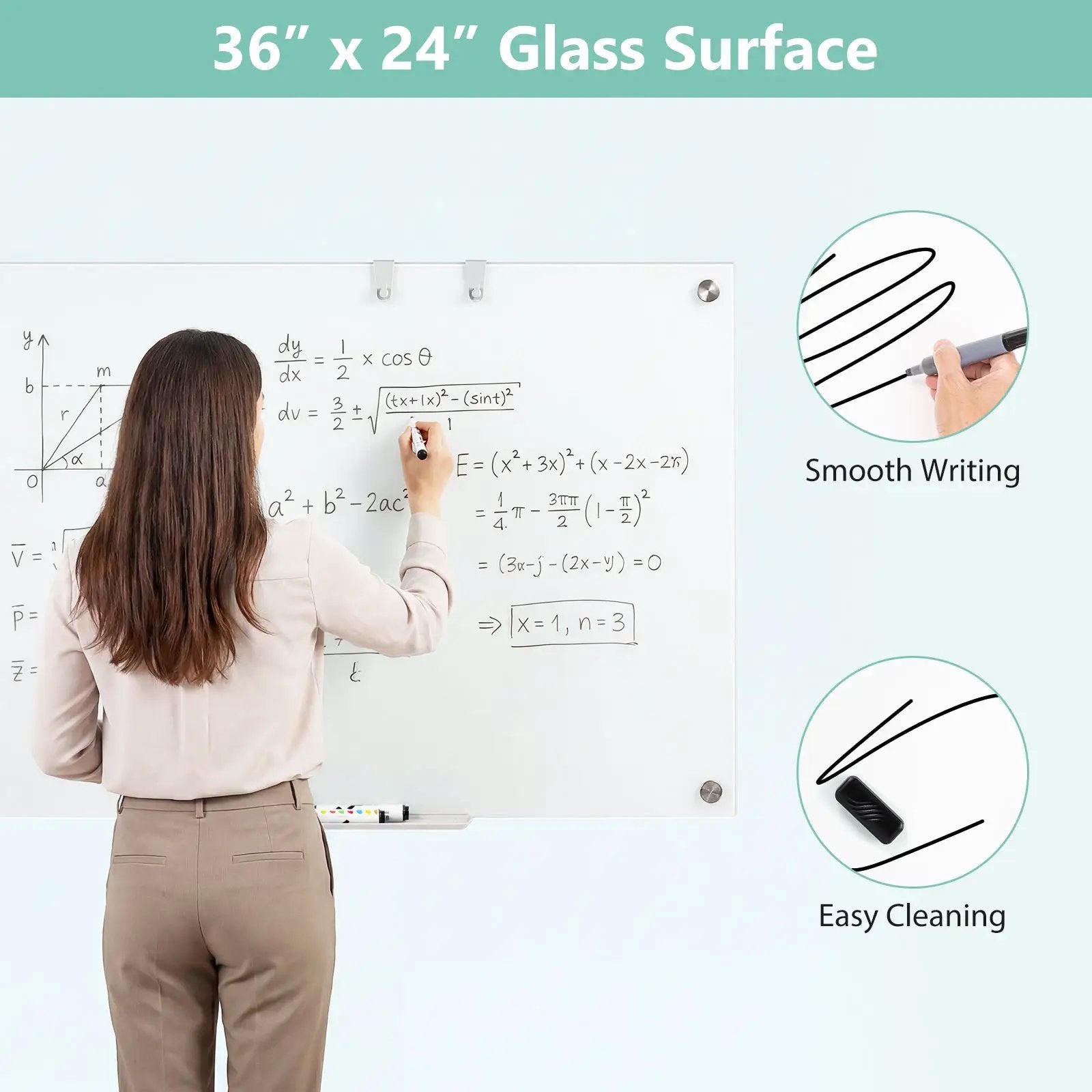36 x 24 Inches Glass Whiteboard with Eraser and Removable Tray by DirectDeals