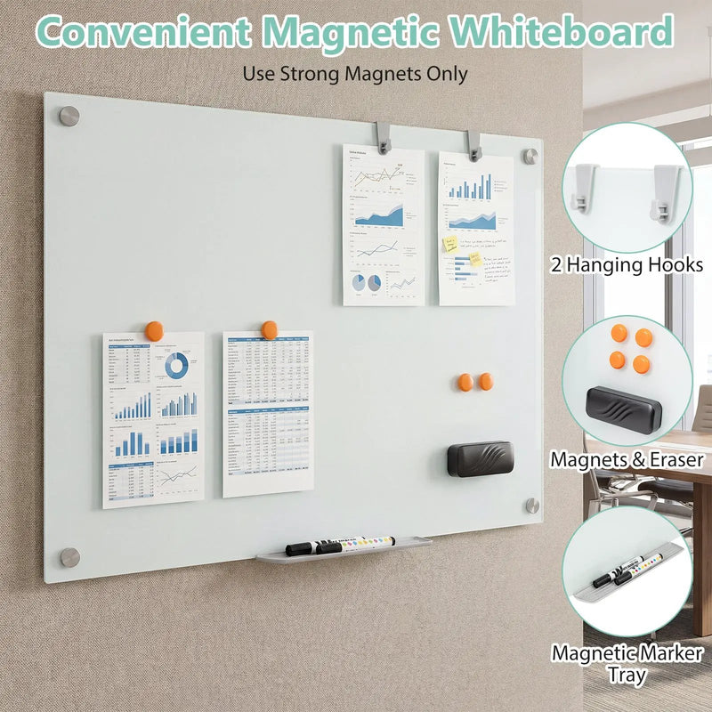 36 x 24 Inches Glass Whiteboard with Eraser and Removable Tray by DirectDeals