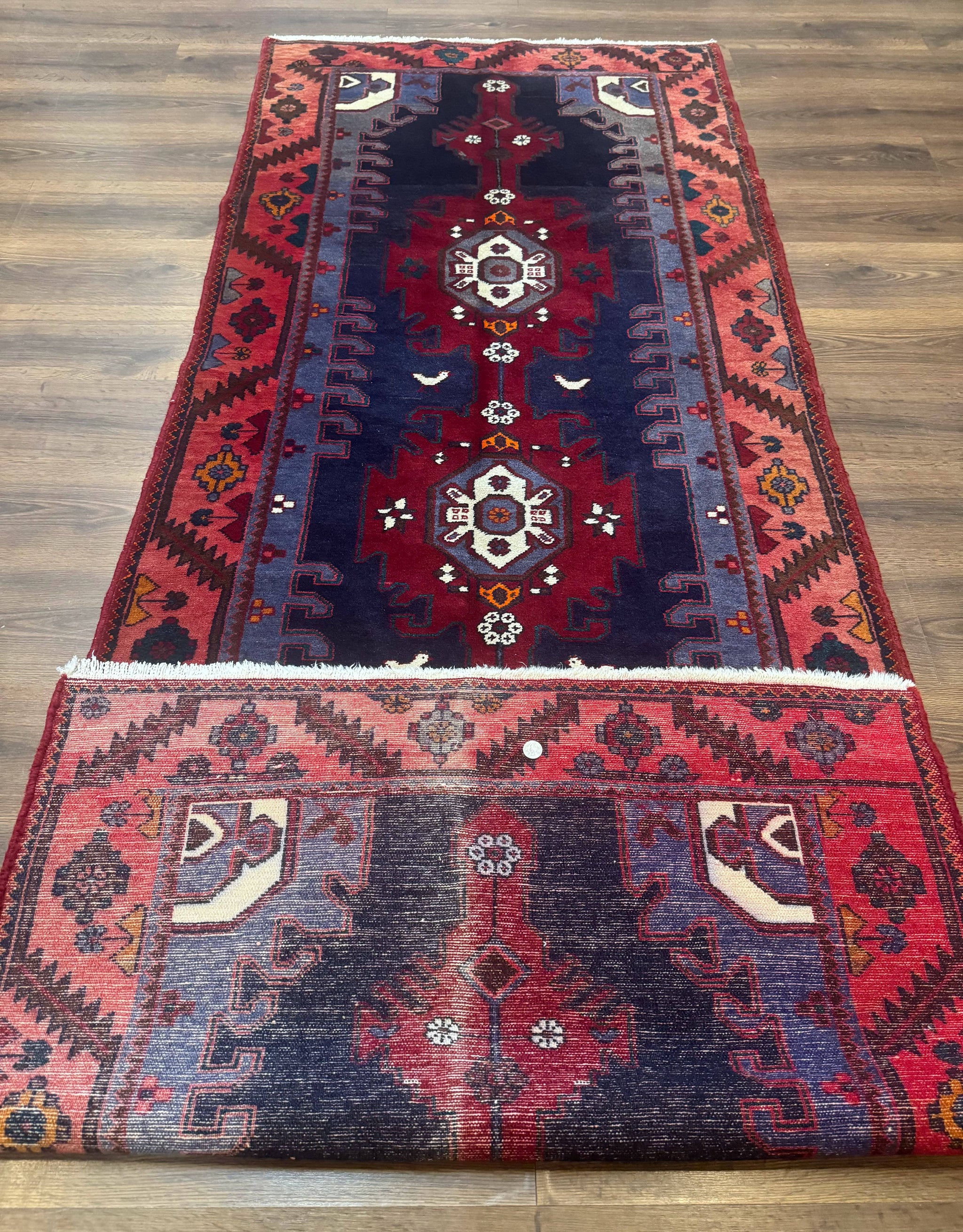 Persian Karajeh Runner Rug 3.6 x 9.5, Geometric Medallions, Tribal Village Rug, Navy Blue, Handmade by Jewel Rugs