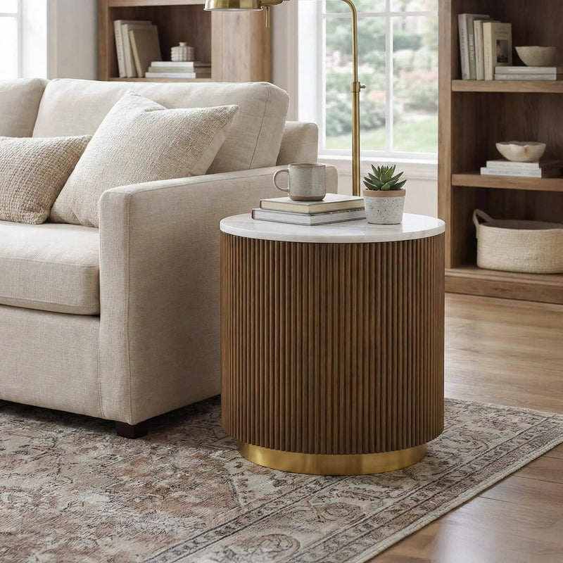 3 Piece Table Set Oval Cocktail Table, 2 Round End Tables - Brown / Gold / White by Unique Piece Furniture