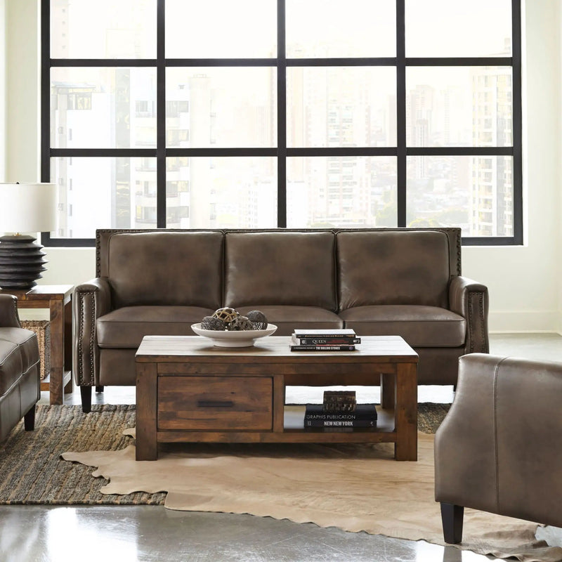 Gunderson - Upholstered Recessed Sofa In Sugar Leather With Tapered Legs - Brown by HouseOfZazla