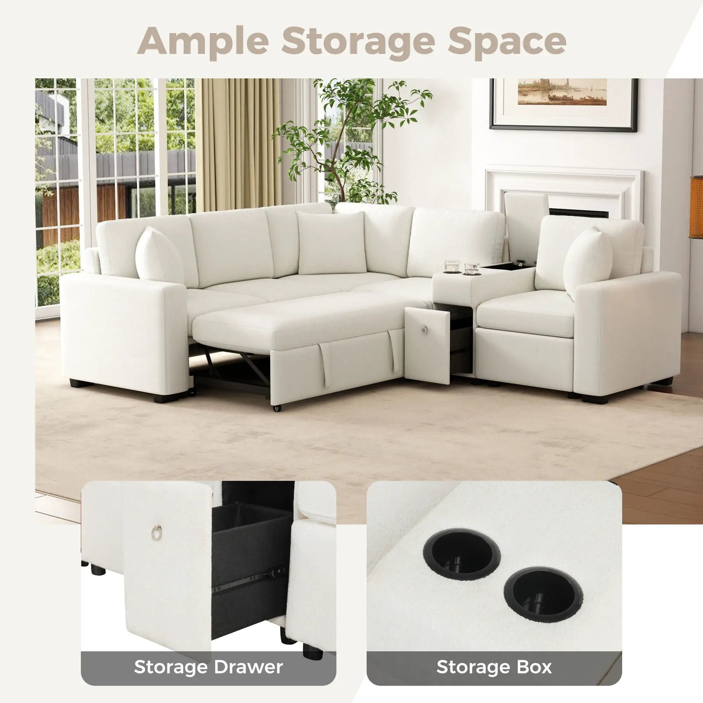 Modular L-Shaped Sectional Sofa Bed With Pull-Out Sleeper, Cup Holders, And Storage by Unique Piece Furniture