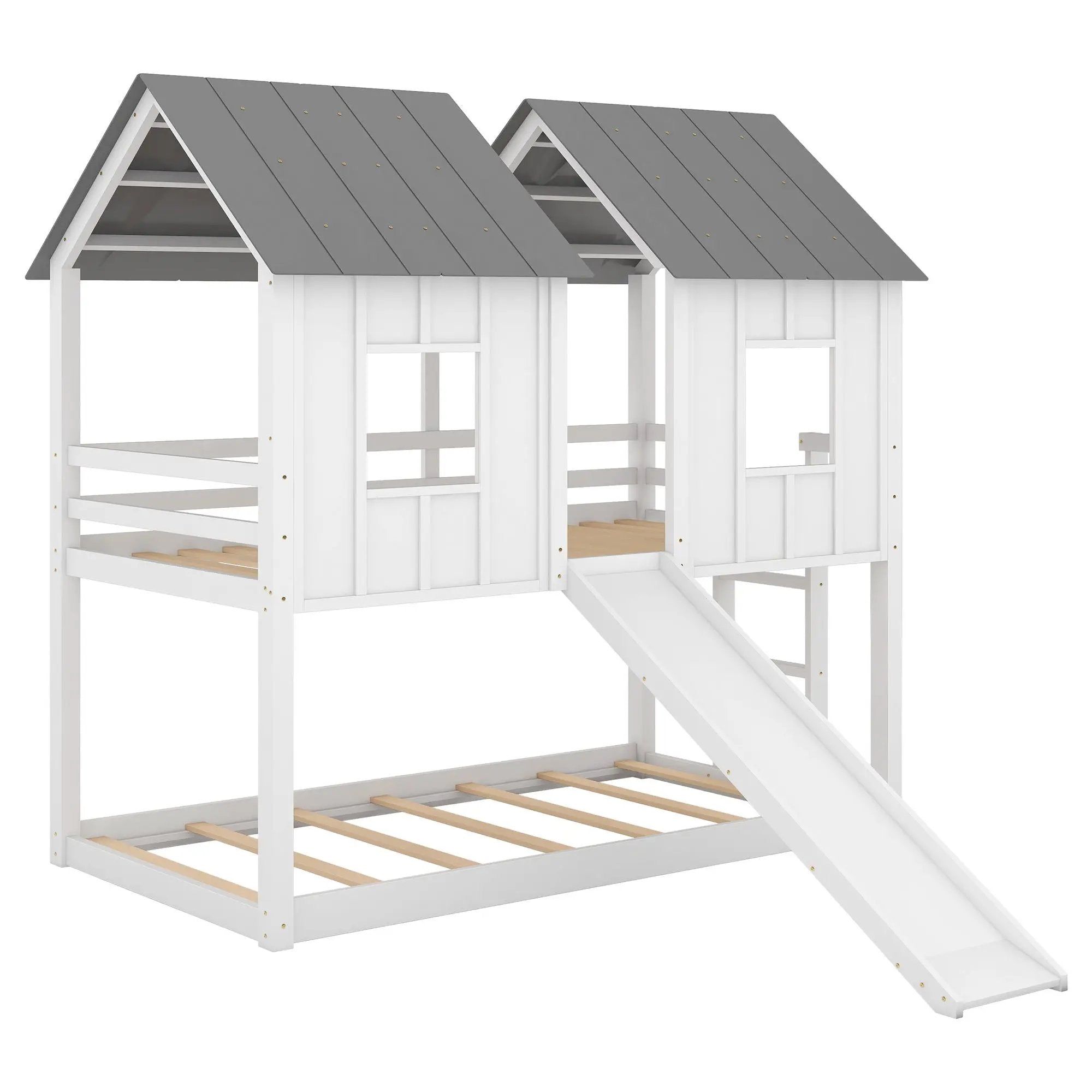 Twin Over Twin House Bunk Bed With Slide And Windows - White / Gray by HouseOfZazla