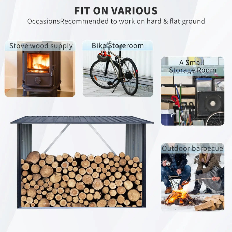 Outdoor Steel Firewood Rack, Open Wood Shed With Sloped Roof For Firewood, Pellet, Or Lumber Storage - Black by HouseOfZazla