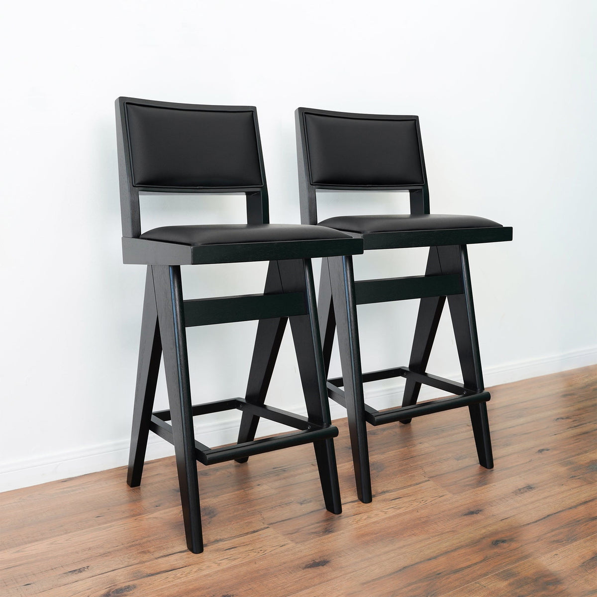 Black Bar Stools Set of 2 with Full Back Support - PU Leather, photo 2 of 8