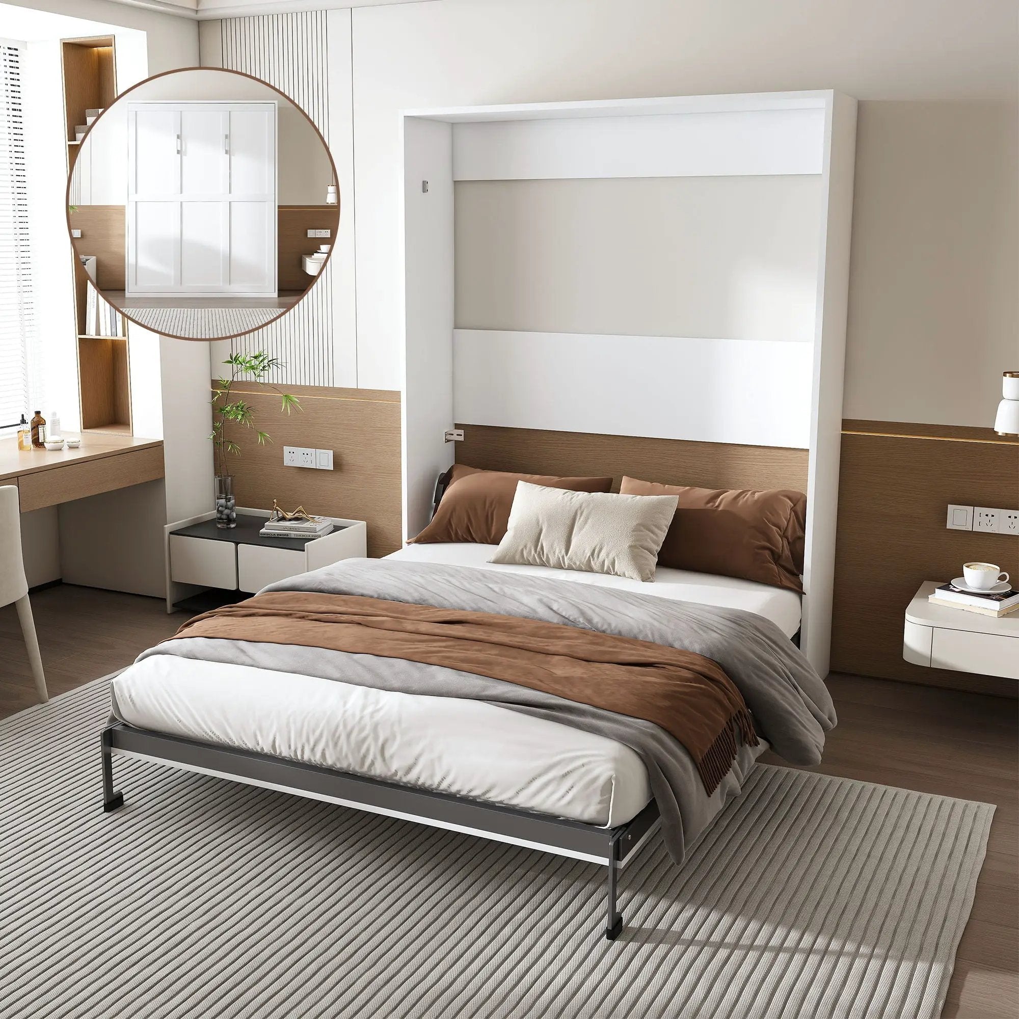 Queen Murphy Bed, Foldable Wall Bed, Space Saving Design For Bedrooms - White by HouseOfZazla