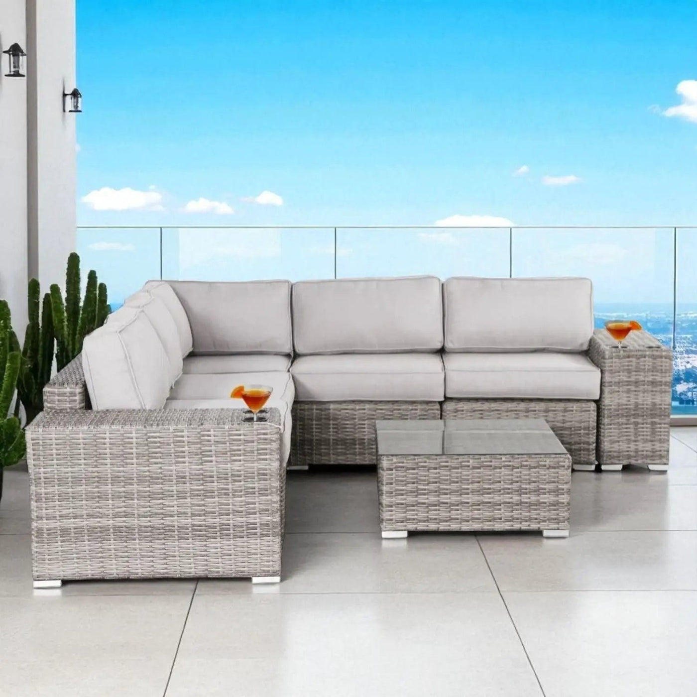 Modern Patio Rattan Sectional Set With Cushions by HouseOfZazla