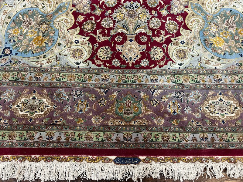 Stunning Persian Tabriz Rug 5x7, Signed by Masterweaver, Maroon, Floral Medallion, Ultra Fine 70 Raj 625 KPSI, Kork Wool Silk Foundation, Handmade by Jewel Rugs