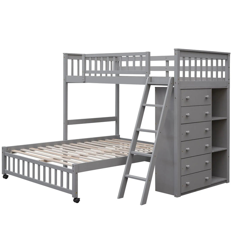 Bunk Bed With 6 Drawers And Flexible Shelves, Bottom Bed With Wheels by Unique Piece Furniture