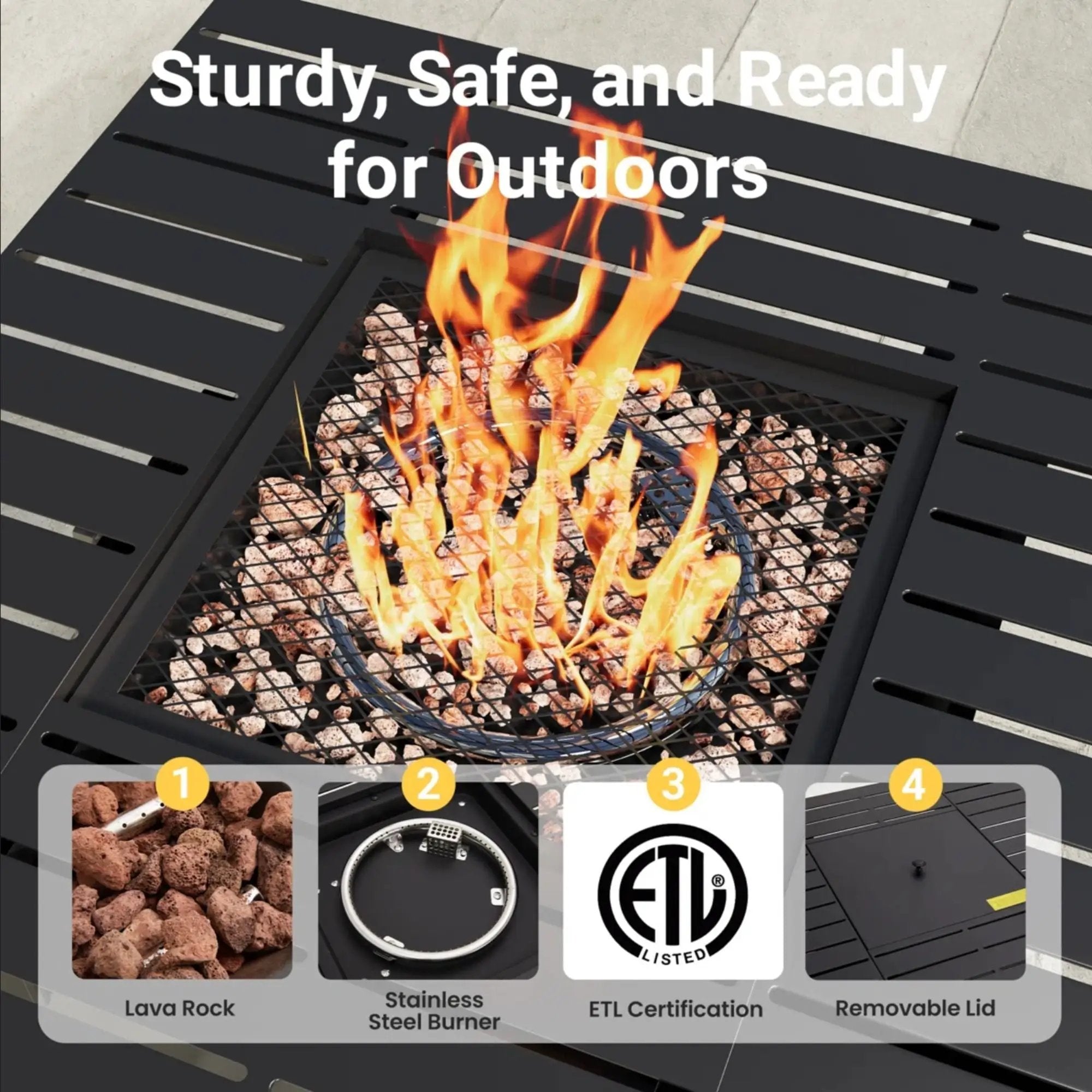 Square 2 In 1 Outdoor Propane Fire Pit Table With Stainless Burner, Lava Rocks, Lid & Waterproof Cover - Black by HouseOfZazla
