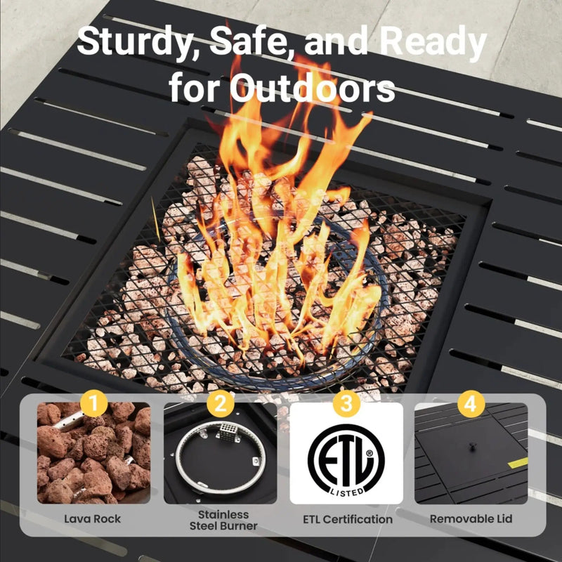 Square 2 In 1 Outdoor Propane Fire Pit Table With Stainless Burner, Lava Rocks, Lid & Waterproof Cover - Black by HouseOfZazla