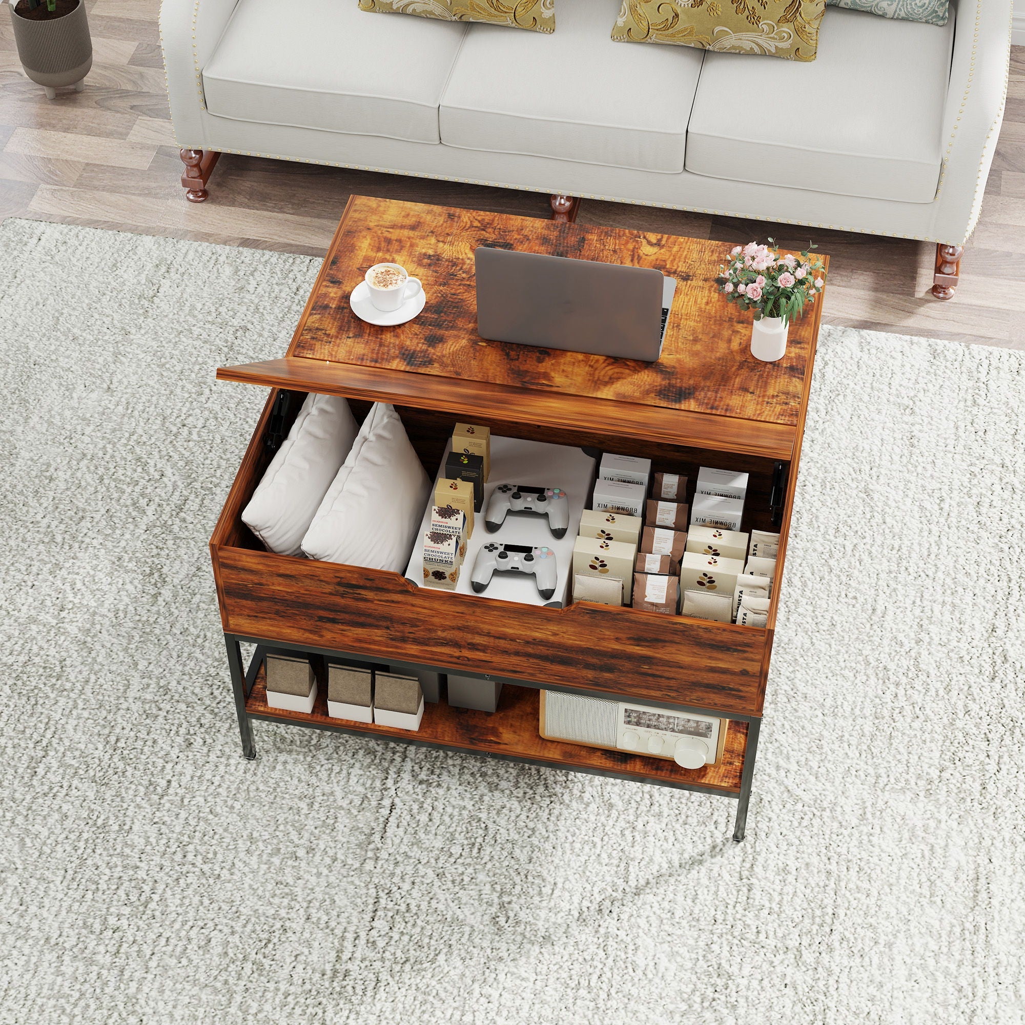 Rustic Flip Top Coffee Table With Hidden Storage - Black / Brown by HouseOfZazla