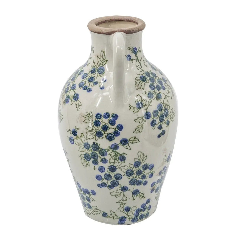7.5x7.3x12" White Ceramic Vase with Blueberry Motif by HouseOfZazla