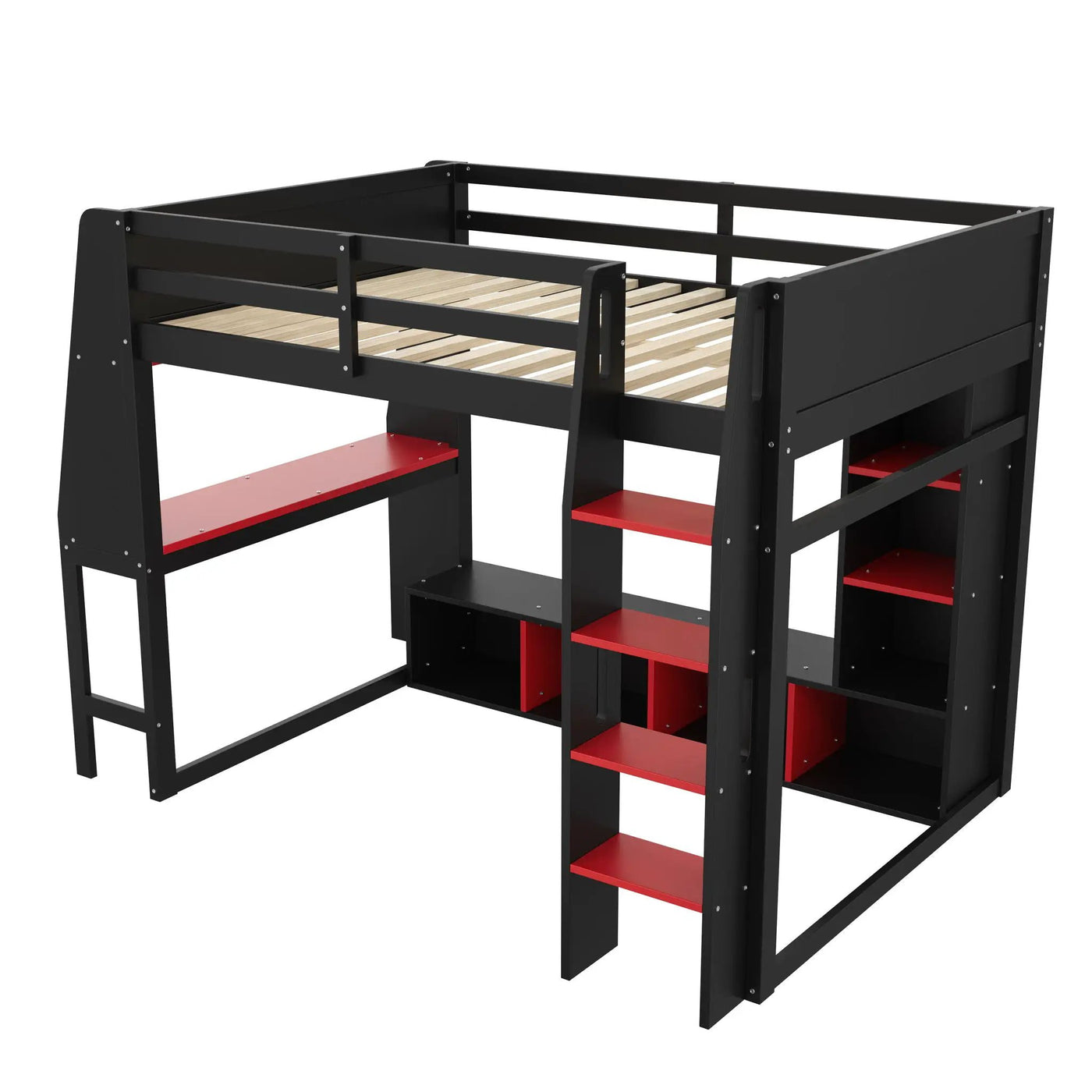 Gaming Loft Bed With Desk, Multi Storage Shelves, LED Lighting, And Hanging Clothes Rack by HouseOfZazla