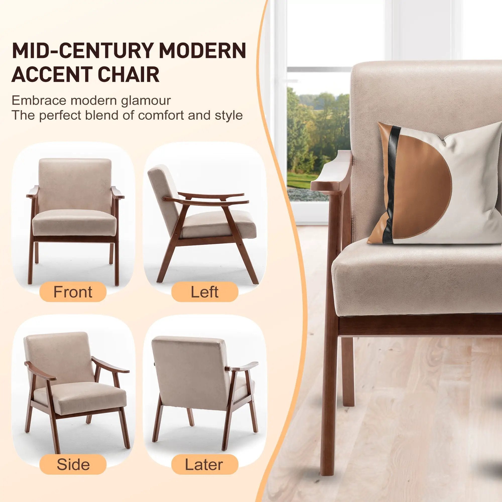 Mid Century Modern Accent Chair With Solid Wood Frame And Extra Thick Backrest by Unique Piece Furniture