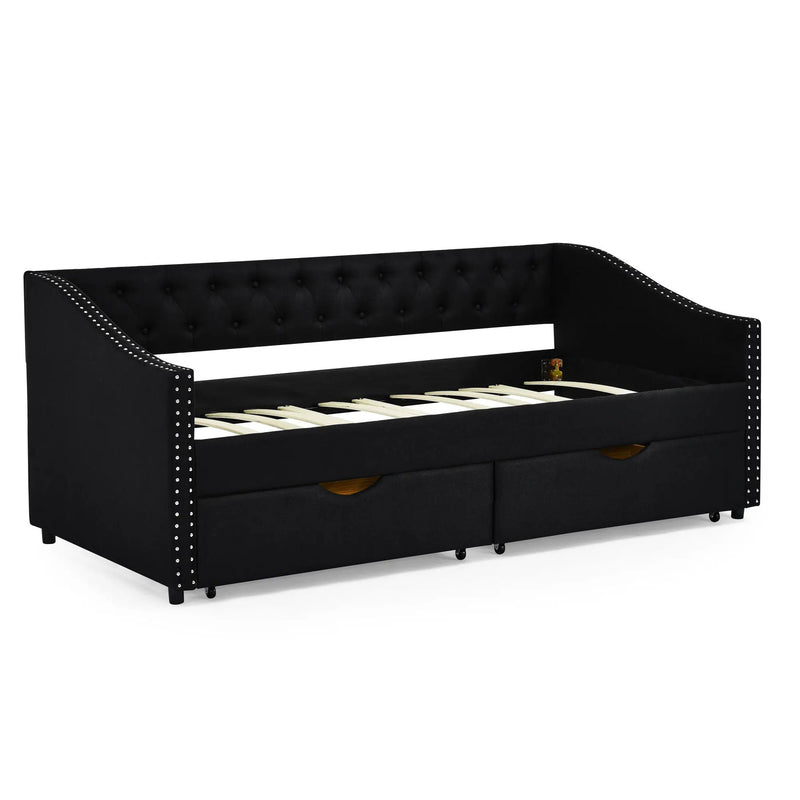 Upholstered Tufted Daybed With 2 Drawers, Waved Arms by Unique Piece Furniture