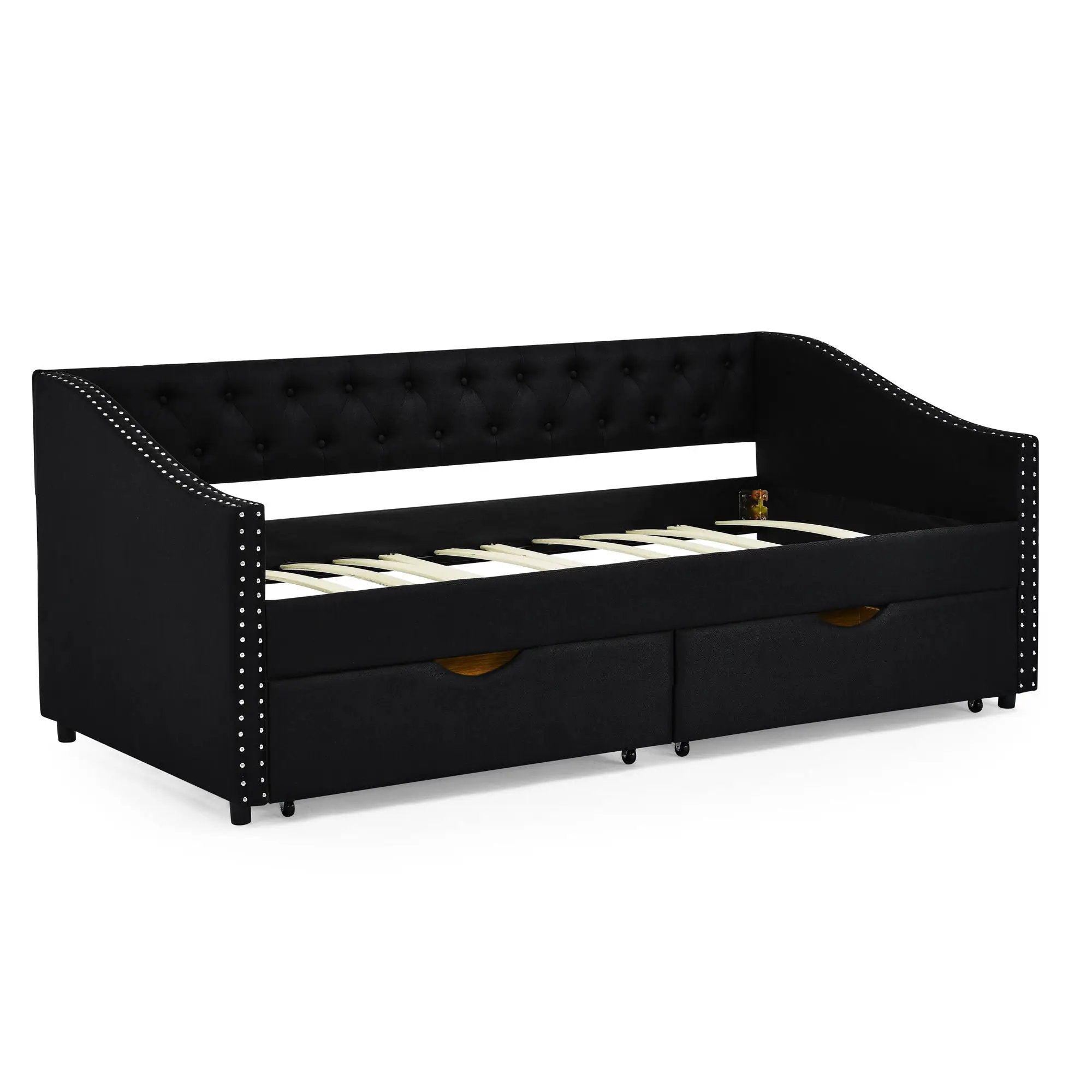 Upholstered Tufted Daybed With 2 Drawers, Waved Arms