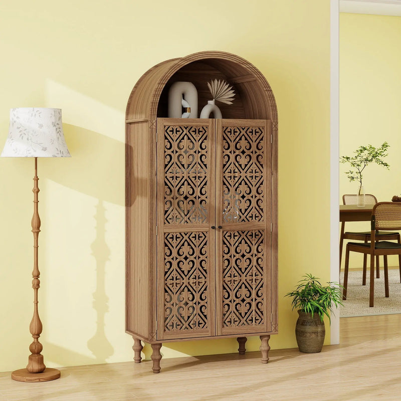 Tall Kitchen Pantry Cabinet With Hollow Carved Doors Adjustable Shelves Versatile Storage Cabinet For Kitchen - Walnut by HouseOfZazla