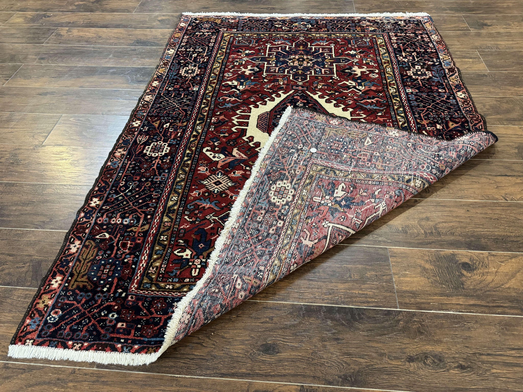 Persian Karajeh Rug 5x6, Antique Heriz Carpet, Geometric, Persian Tribal Rug, Brick Red Navy Blue by Jewel Rugs