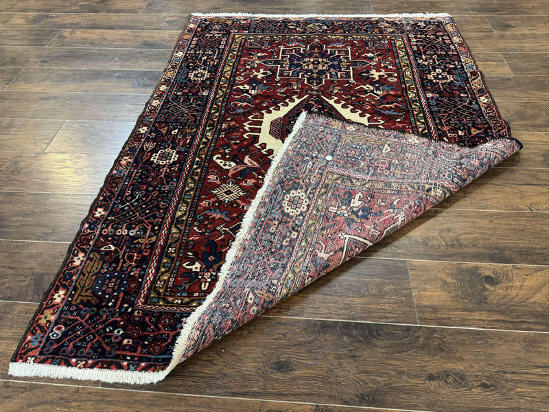Persian Karajeh Rug 5x6, Antique Heriz Carpet, Geometric, Persian Tribal Rug, Brick Red Navy Blue by Jewel Rugs