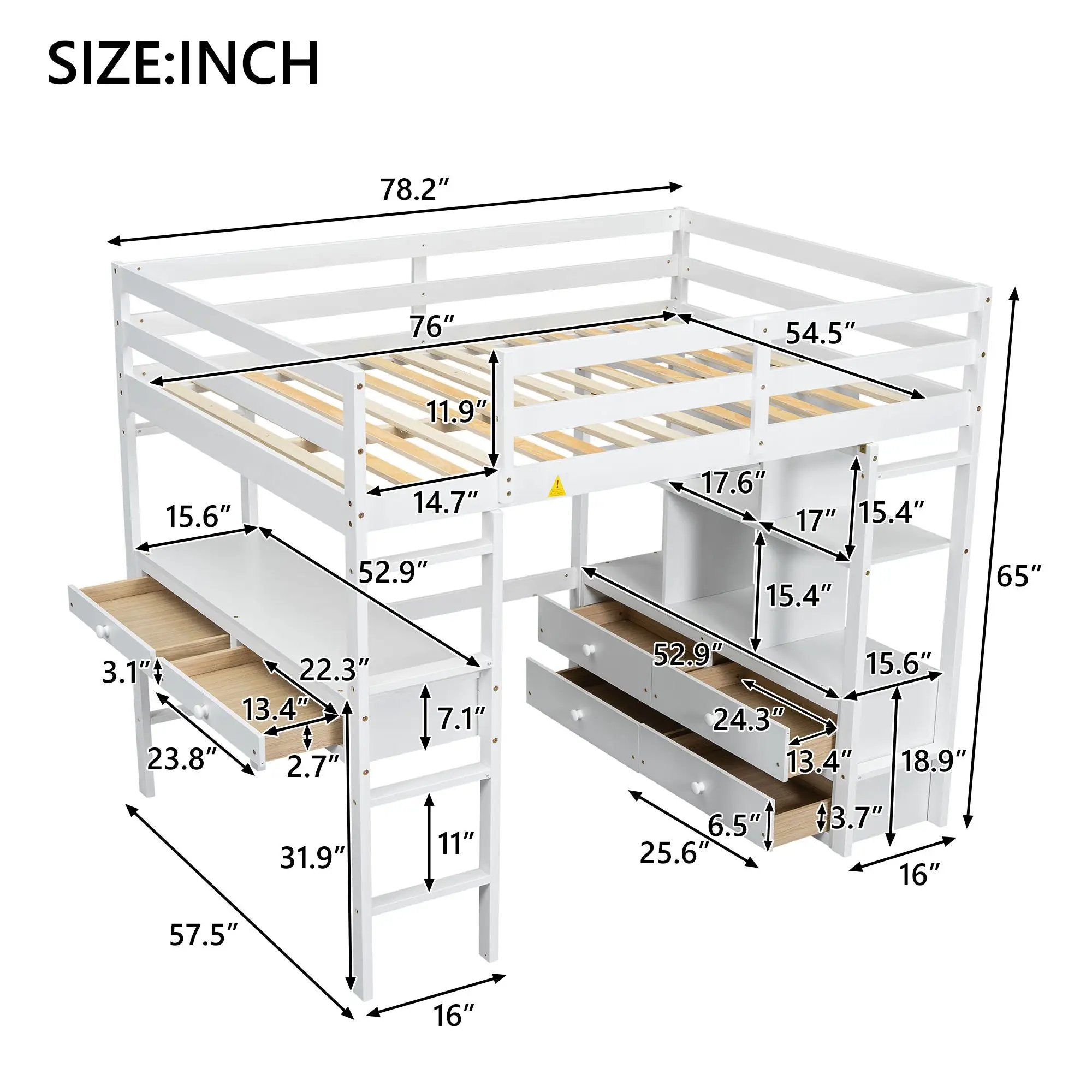 Full Size Loft Bed With Built In Desk, 2 Drawers, Storage Shelves - White by Unique Piece Furniture