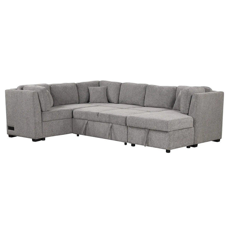 U-Shaped Sectional Sofa Pull Out Sofa Bed With Two USB Ports, Two Power Sockets, Three Back Pillows And A Storage Chaise For Living Room by HouseOfZazla