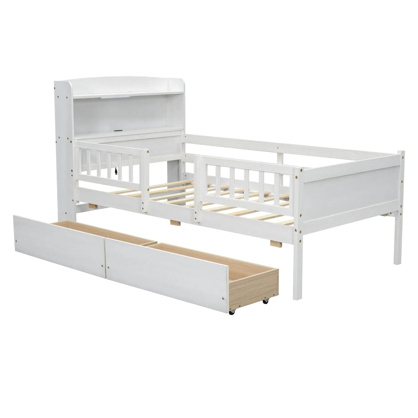 Platform Bed With LED Light, Multi Functional Headboard, Guardrail And 2 Drawers by HouseOfZazla