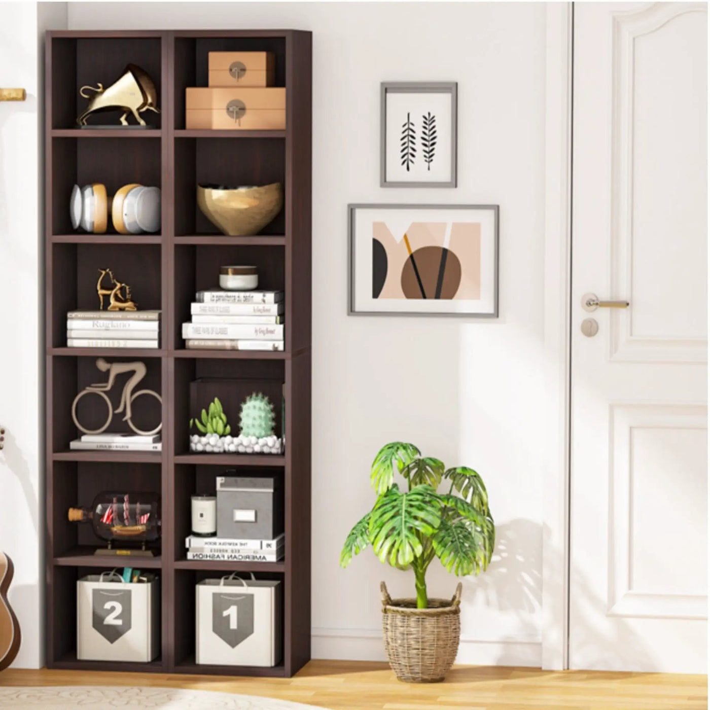 6 Tier Narrow Corner Cube Bookcase Storage, Freestanding Shelf With Open Cubes For Living Room by HouseOfZazla