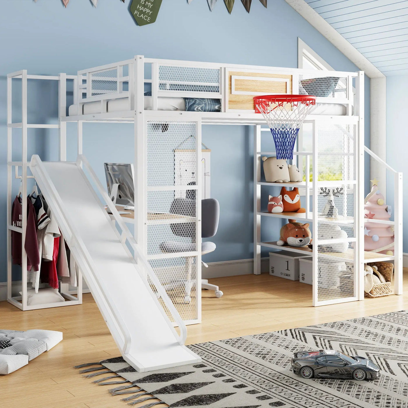 Loft Bed With Built In Desk, Open Wardrobe, Basketball Hoop, Slide And Staircase by HouseOfZazla