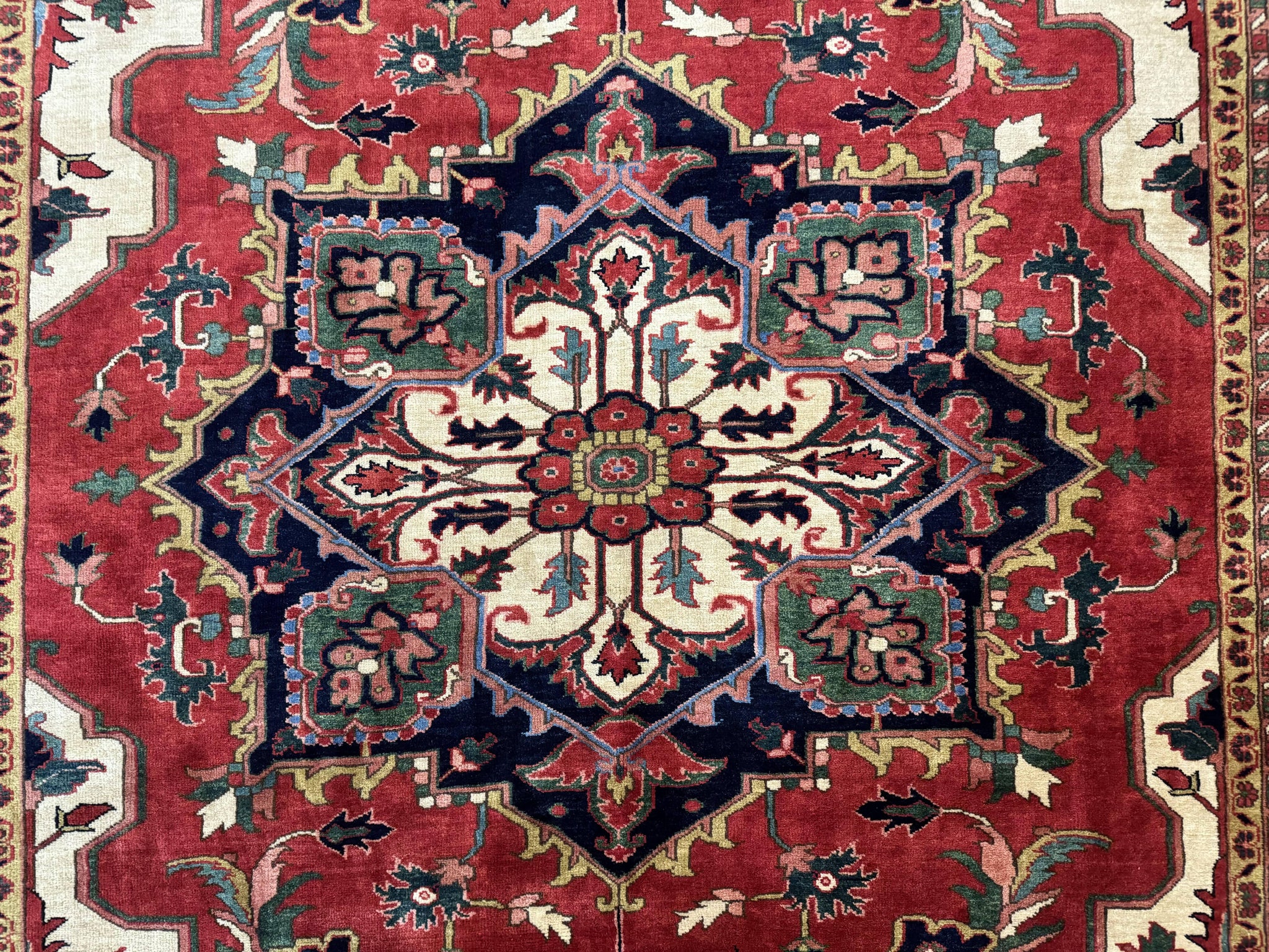 Persian Heriz Serapi Rug 8 x 10.6, Geometric Medallion, Great Colors, Rare, Red Navy Blue Ivory by Jewel Rugs