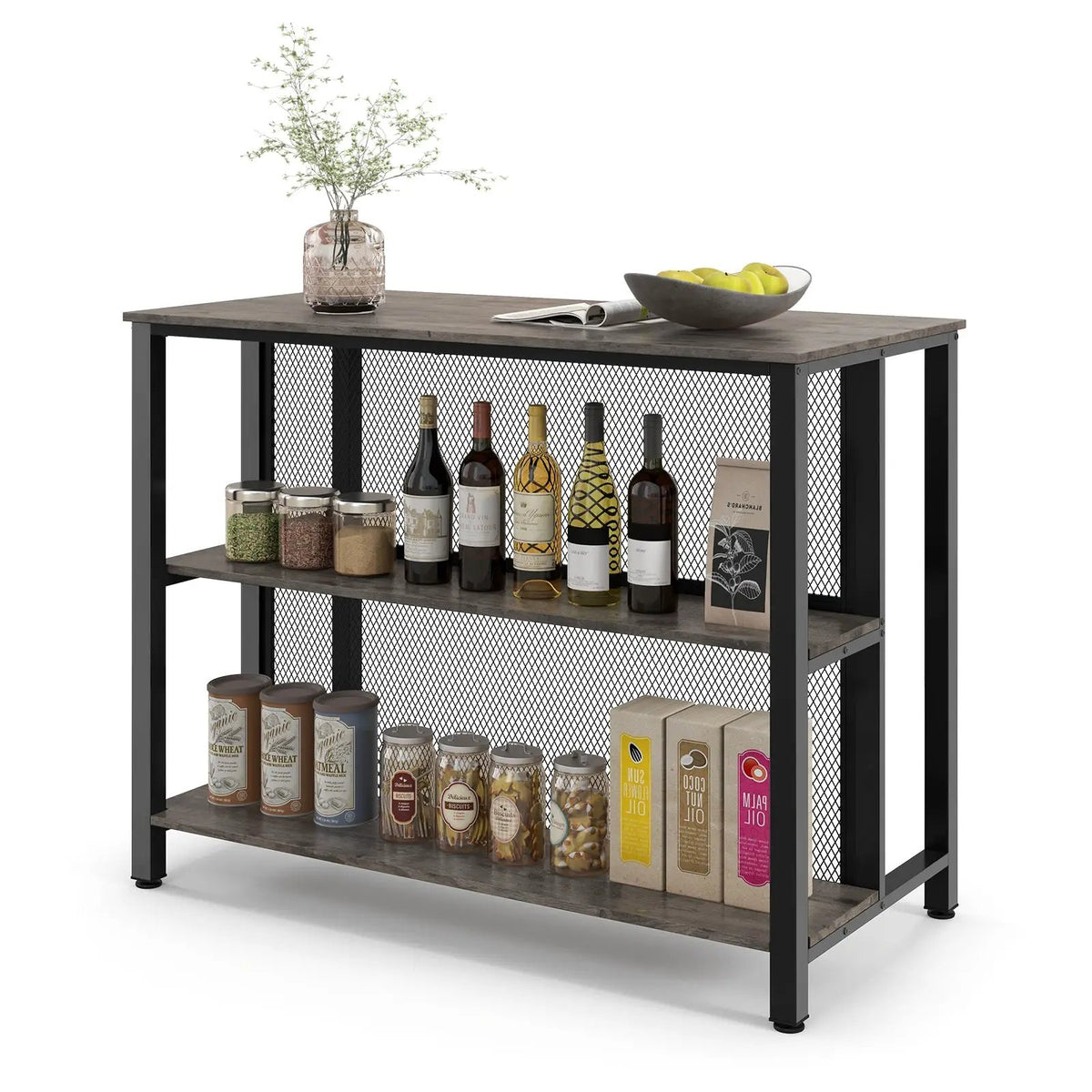 36 Inch 3-Tier Bar Table with Storage Metal Frame Adjustable Foot Pads for Dining Room by DirectDeals