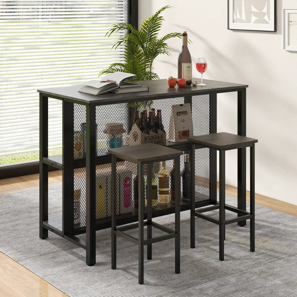 36 Inch 3-Tier Bar Table with Storage Metal Frame Adjustable Foot Pads for Dining Room by DirectDeals