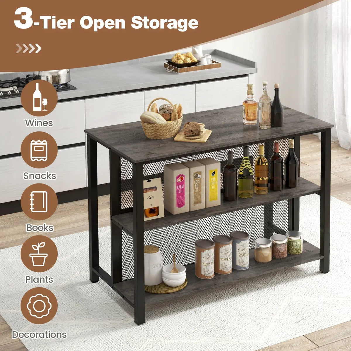 36 Inch 3-Tier Bar Table with Storage Metal Frame Adjustable Foot Pads for Dining Room by DirectDeals