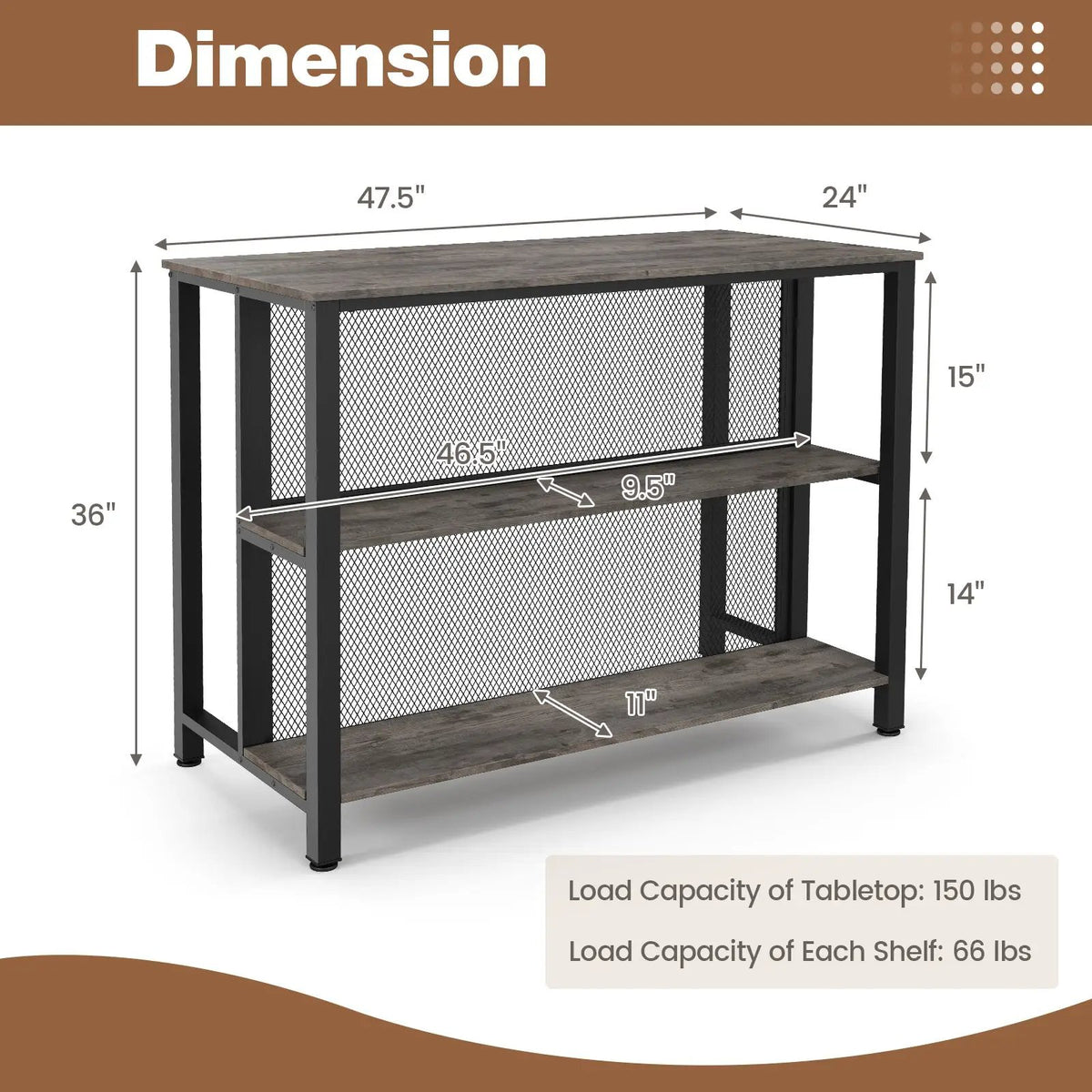 36 Inch 3-Tier Bar Table with Storage Metal Frame Adjustable Foot Pads for Dining Room by DirectDeals