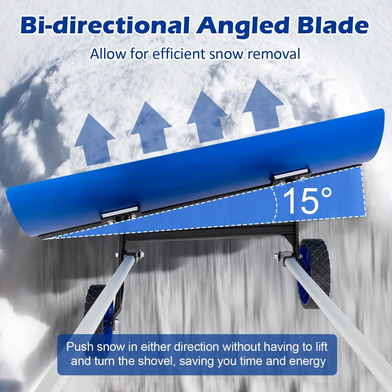 37.5 Inches Aluminum Snow Shovel with Wheels and Bi-Directional Angled Blade-Blue by DirectDeals