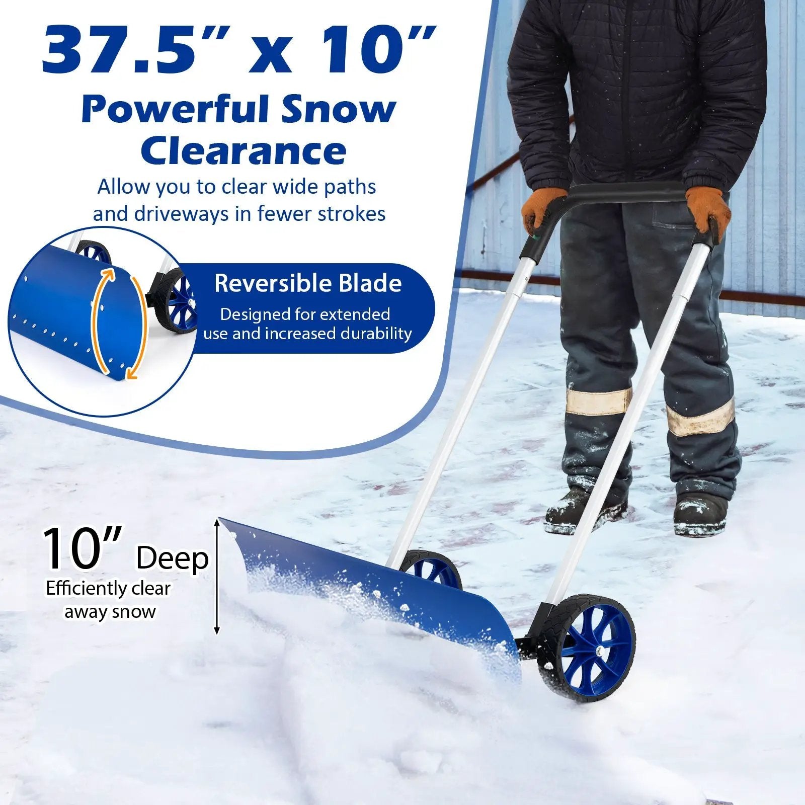 37.5 Inches Aluminum Snow Shovel with Wheels and Bi-Directional Angled Blade-Blue by DirectDeals