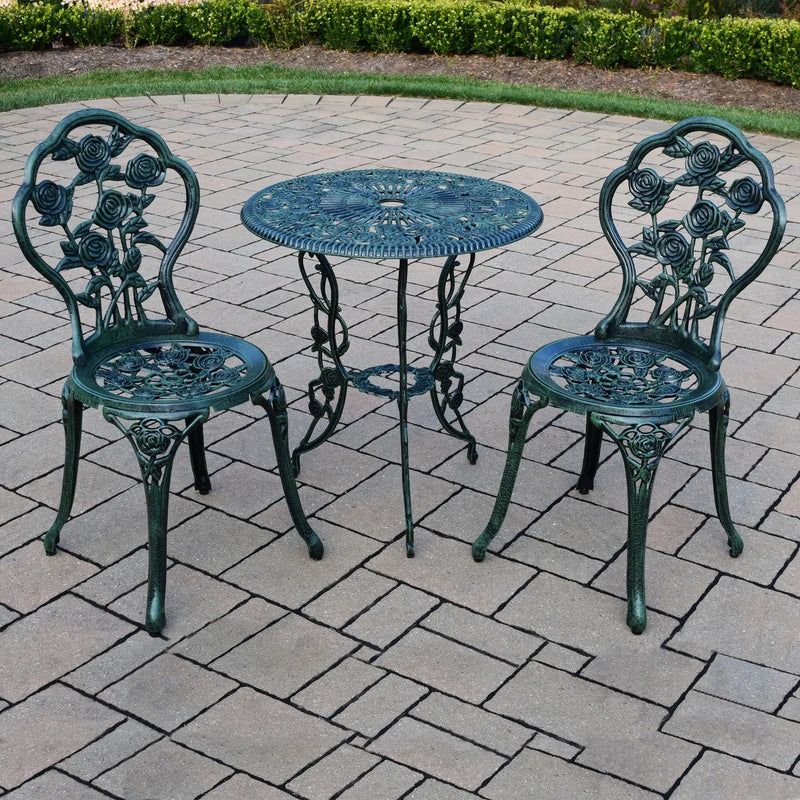 Cast Aluminum Metal Antique Green 3 Piece Patio Rose Bistro Set by Sharicks
